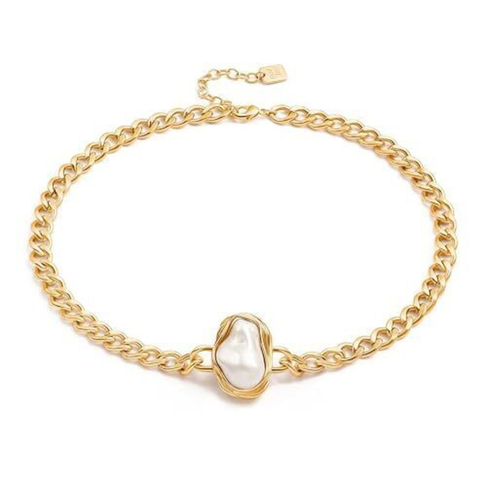 6535 Baroque Pearl Pendant Necklace 18K Gold Plated Chunky Flat Cuban Chain